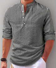 Ziani Striped Band Collar Long Sleeve Popover Shirt