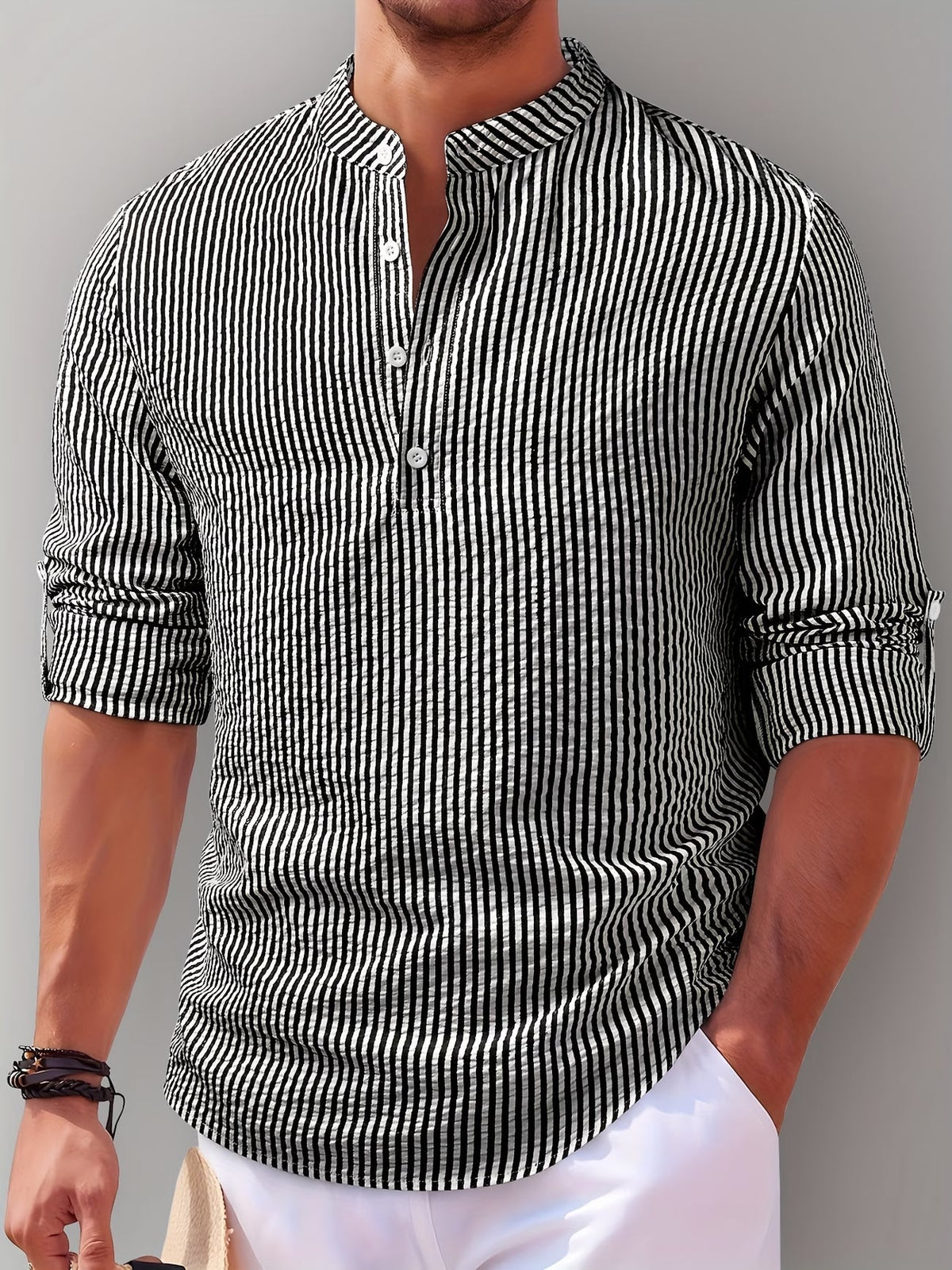 Ziani Striped Band Collar Long Sleeve Popover Shirt