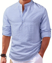 Ziani Striped Band Collar Long Sleeve Popover Shirt