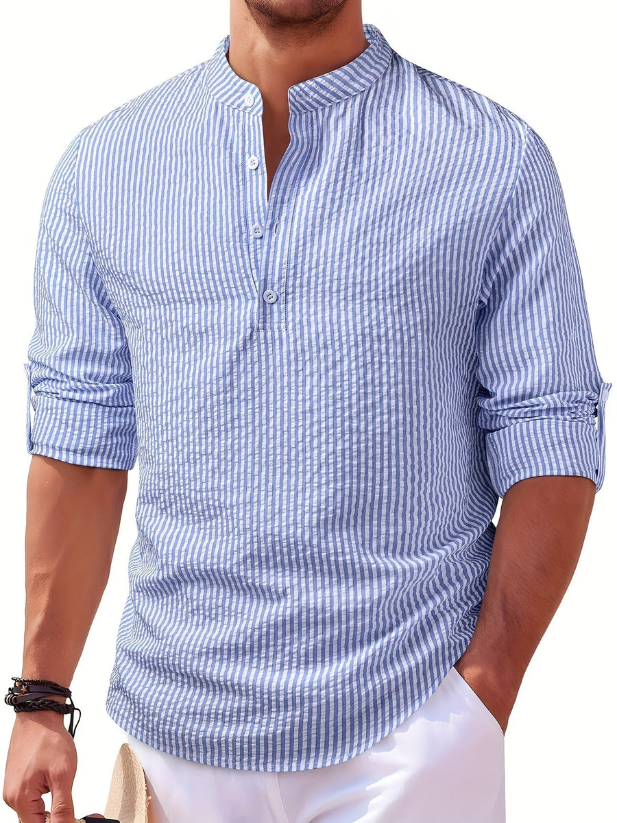 Ziani Striped Band Collar Long Sleeve Popover Shirt