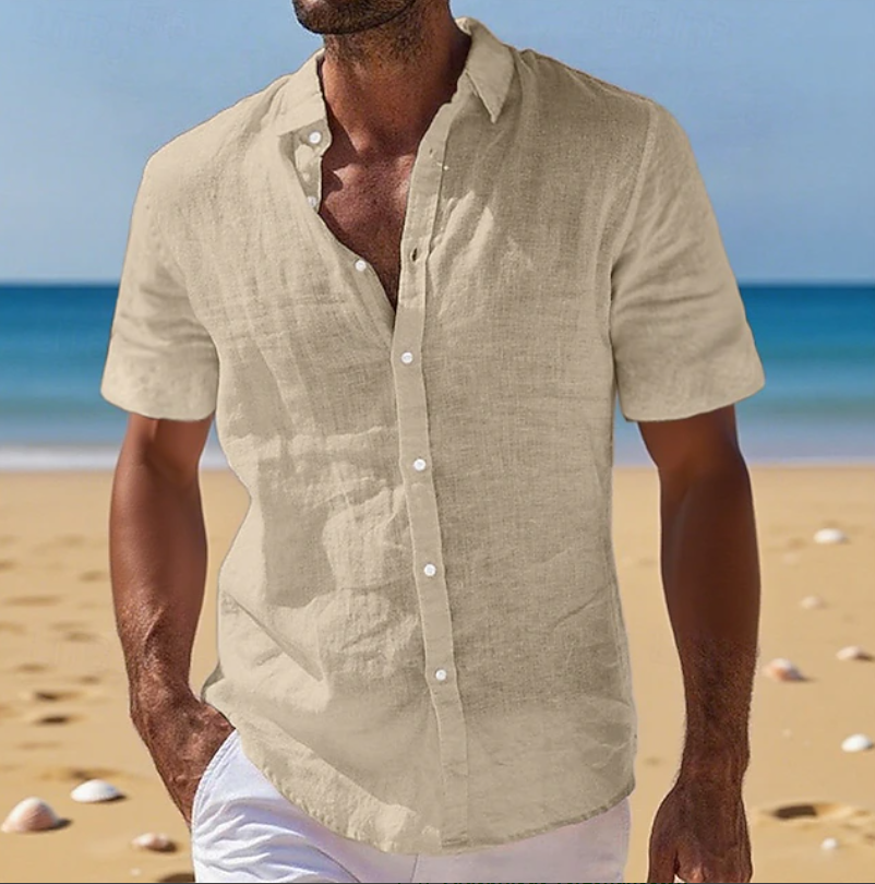 Ziani Linen Band Collar Short Sleeve Shirt