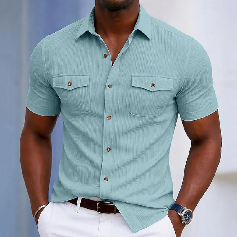 Ziani Ribbed Short Sleeve Pocket Button-Up Shirt