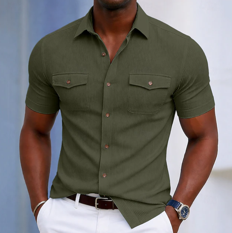 Ziani Ribbed Short Sleeve Pocket Button-Up Shirt