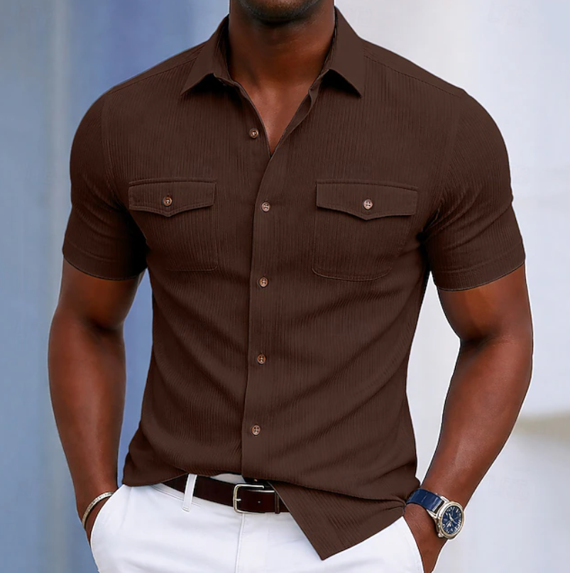 Ziani Ribbed Short Sleeve Pocket Button-Up Shirt