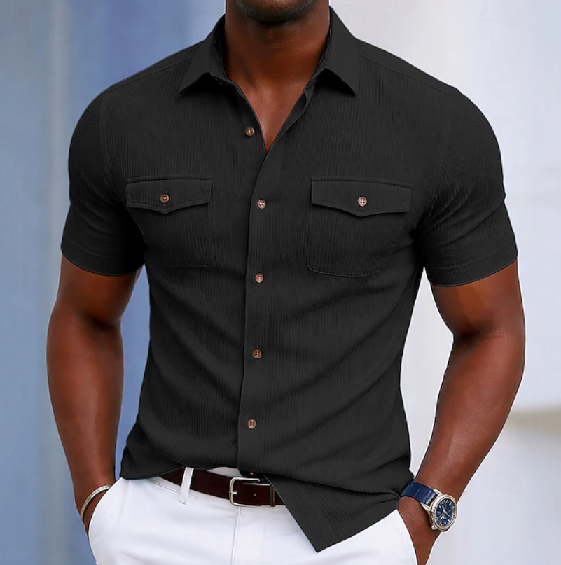 Ziani Ribbed Short Sleeve Pocket Button-Up Shirt
