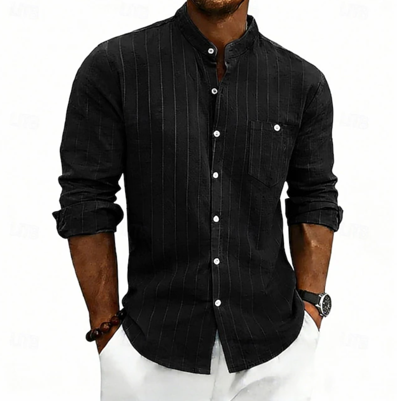 Ziani Striped Band Collar Long Sleeve Linen Shirt