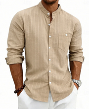 Ziani Striped Band Collar Long Sleeve Linen Shirt