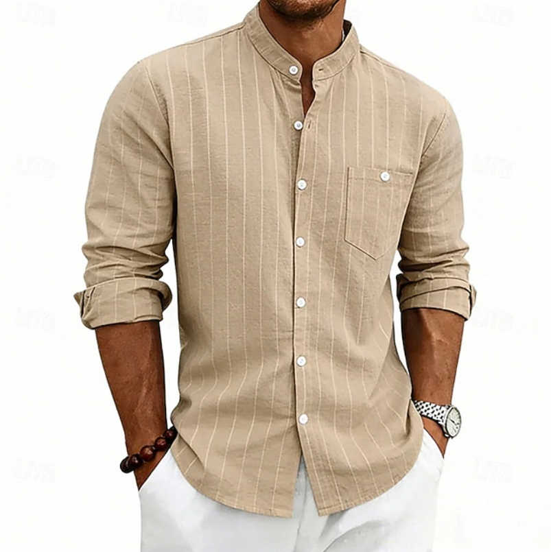 Ziani Striped Band Collar Long Sleeve Linen Shirt