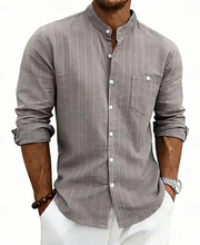 Ziani Striped Band Collar Long Sleeve Linen Shirt