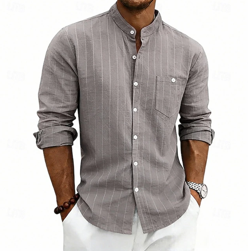 Ziani Striped Band Collar Long Sleeve Linen Shirt