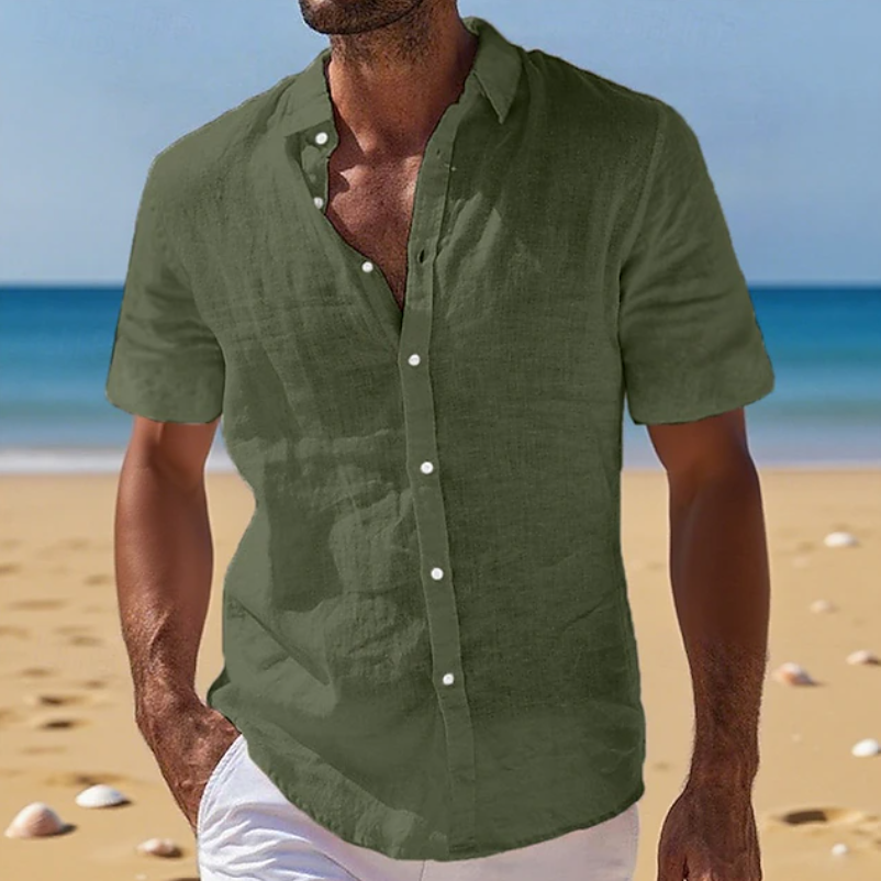 Ziani Linen Band Collar Short Sleeve Shirt