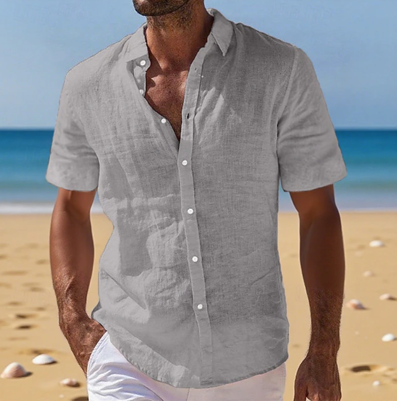 Ziani Linen Band Collar Short Sleeve Shirt