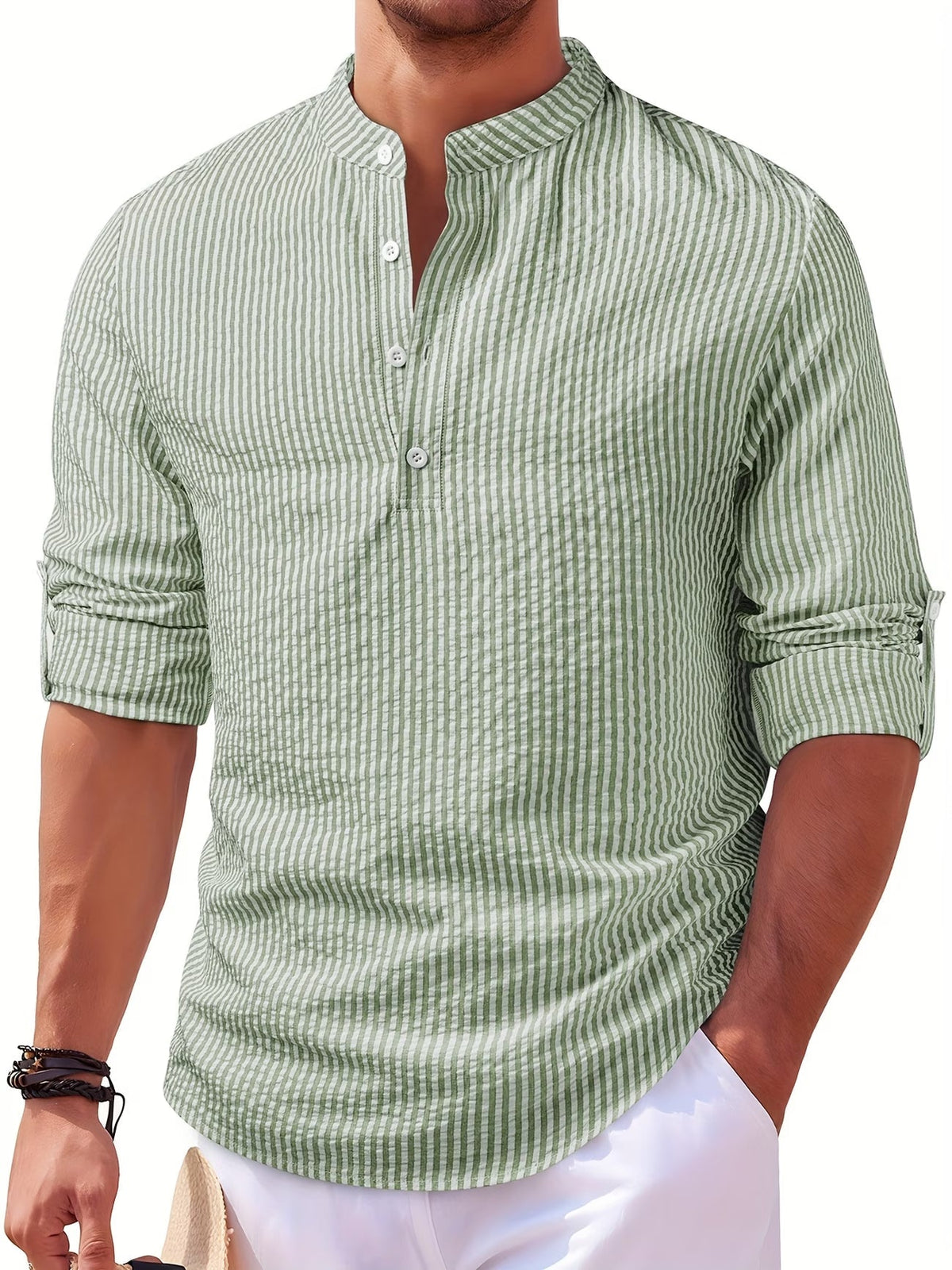 Ziani Striped Band Collar Long Sleeve Popover Shirt